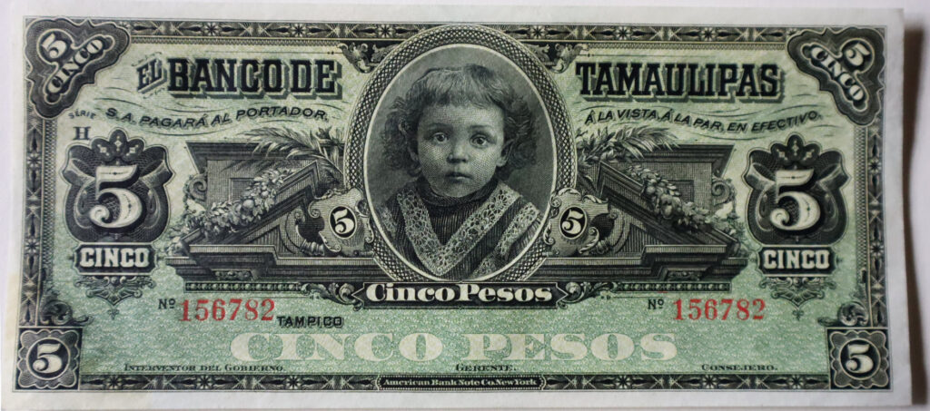 Billete de 5 pesos del Banco de Tamaulipas